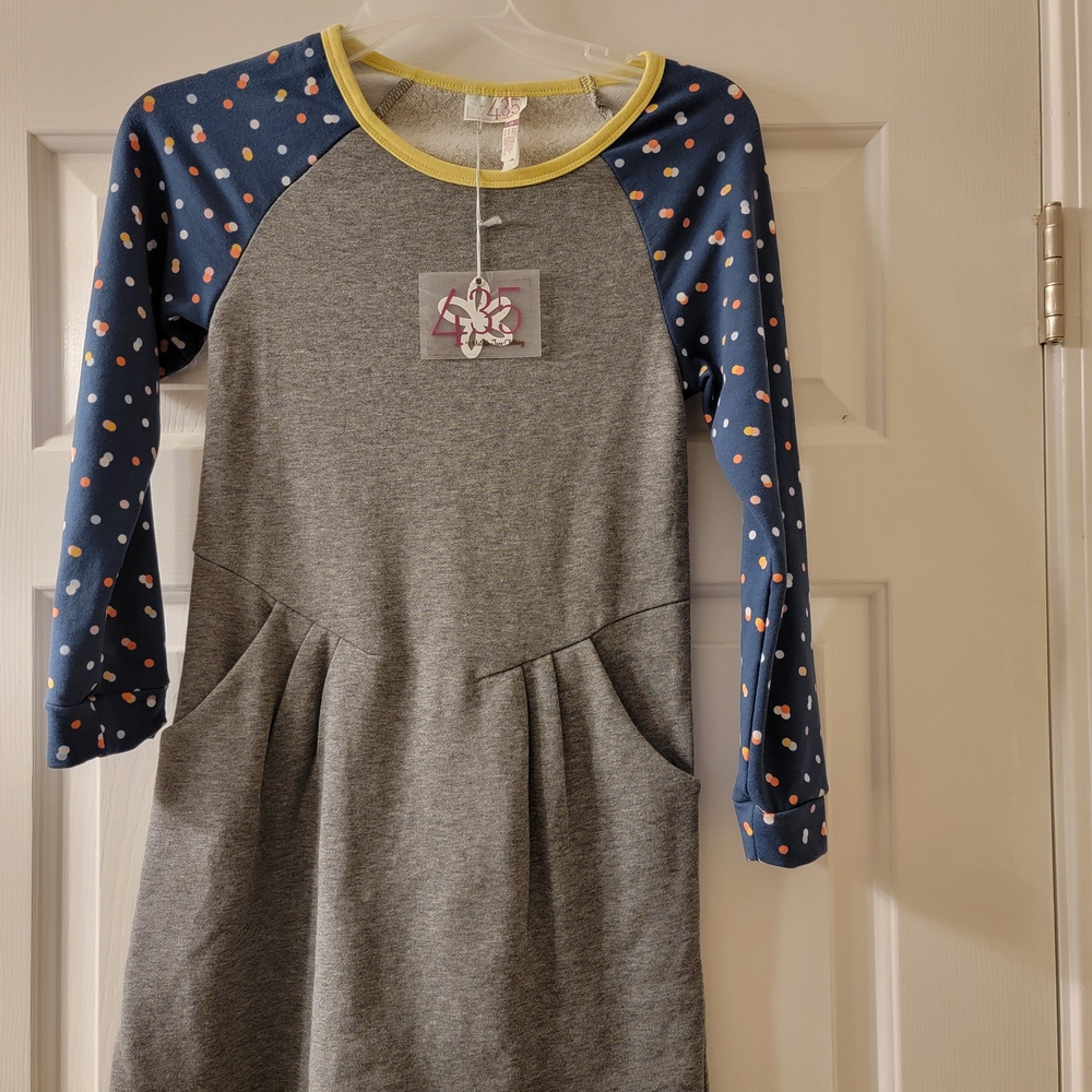 Matilda Jane Gray Dress with Blue Polka Dot Sleeves